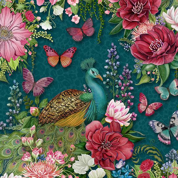Peacocks and Flowers-Teal