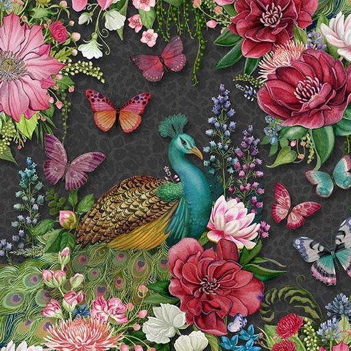 [W100-003-719] Peacocks and Flowers-Black